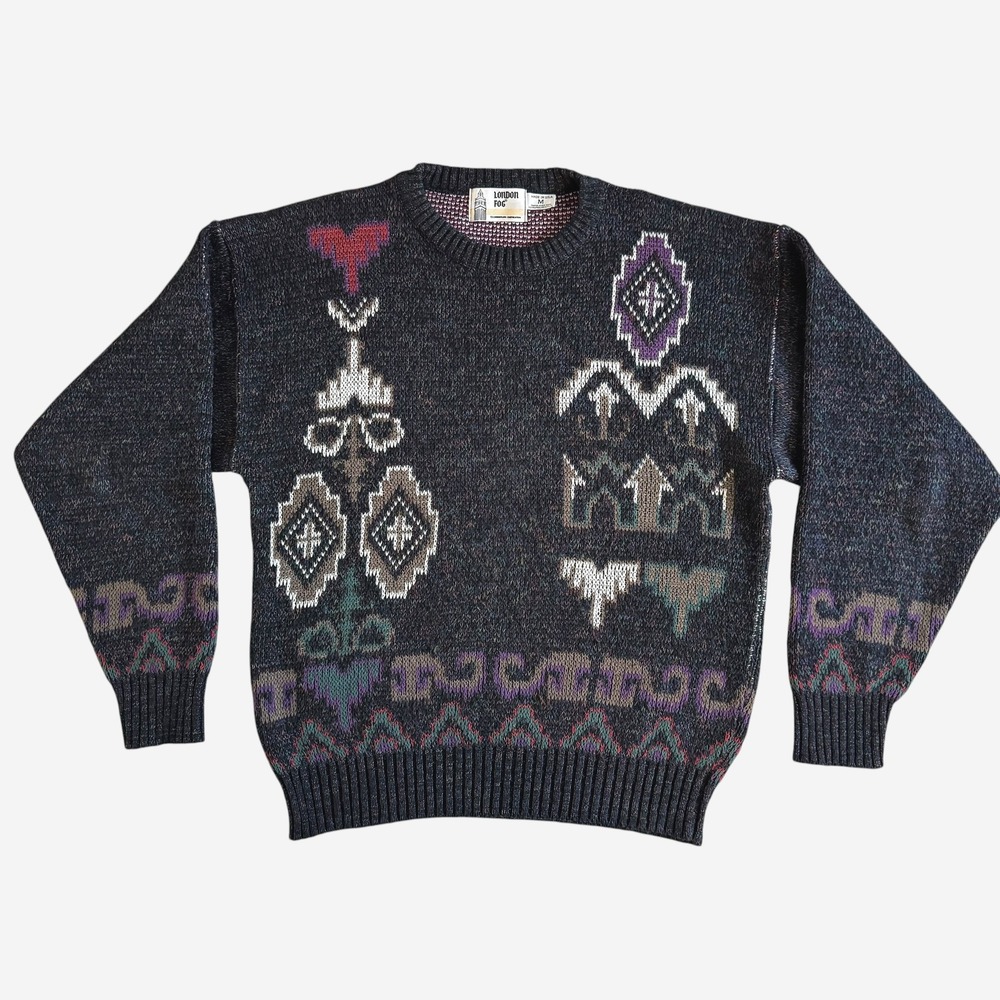 Vintage London Fog Mens Medium Southwestern Geometric Knit Sweater 90sUSA Tribal